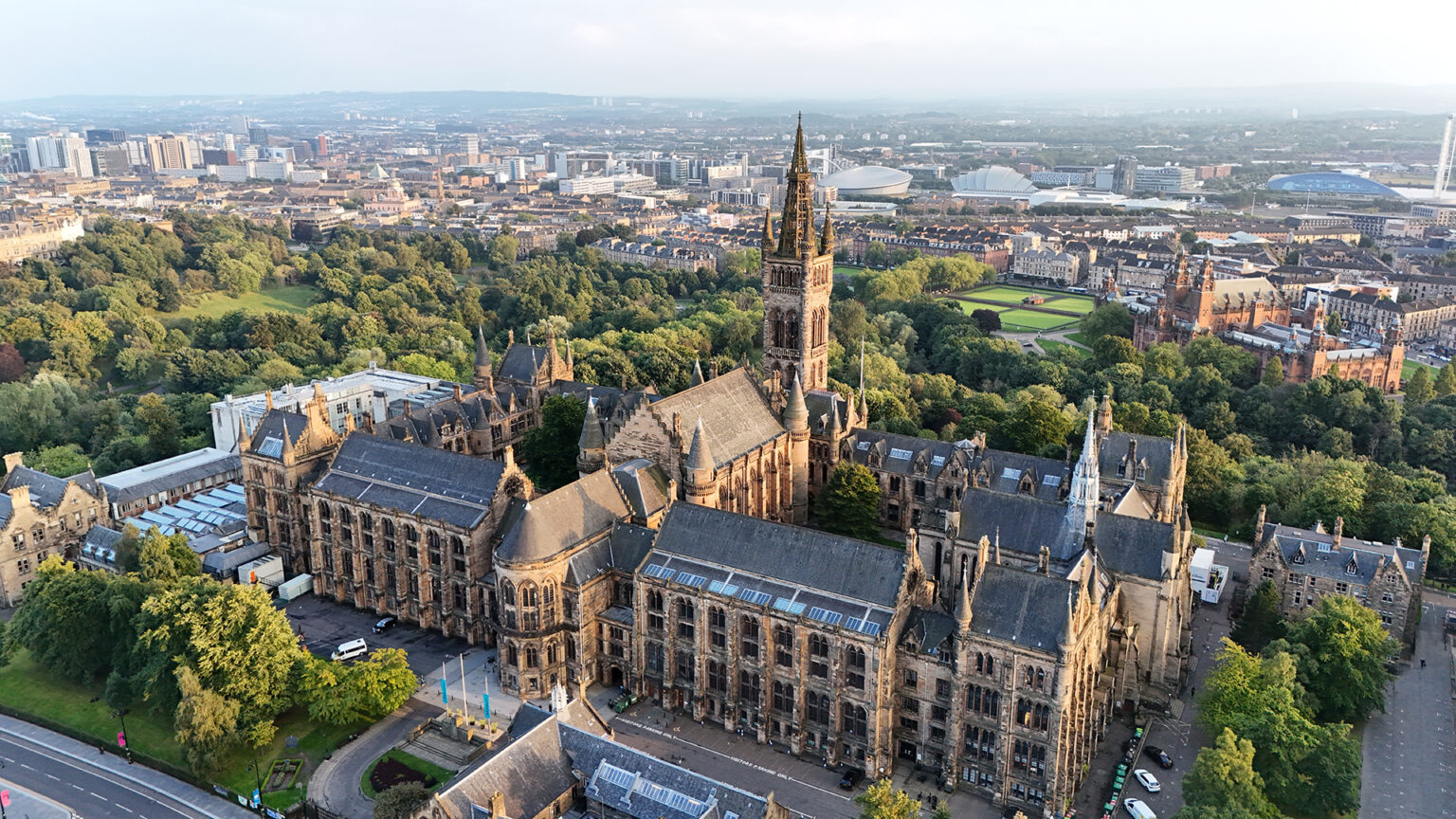 An aerial view of Glasgow’s West End and the university tower